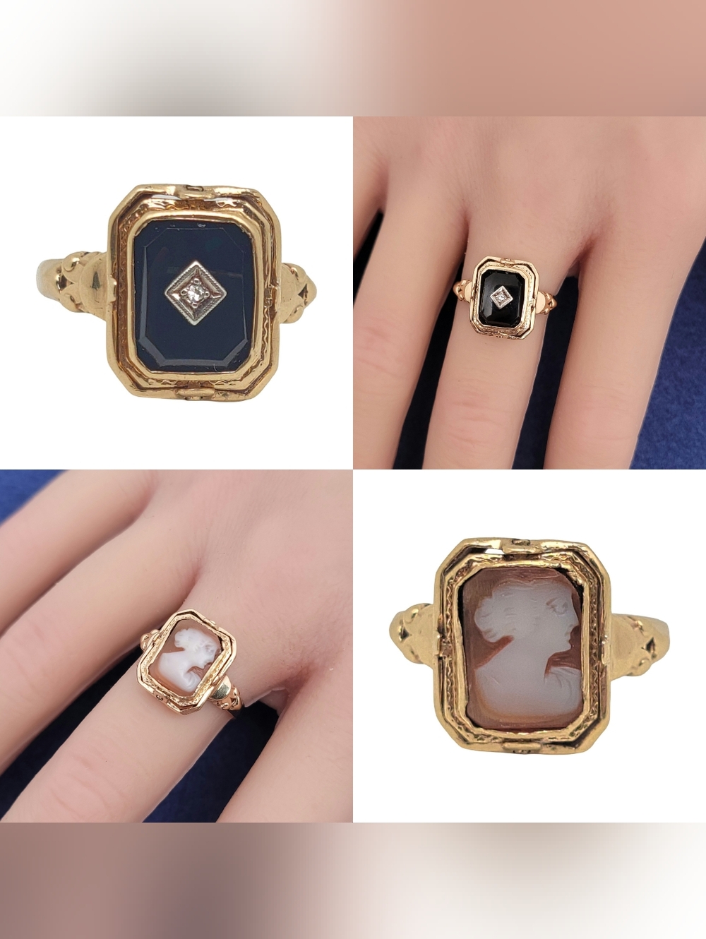 Antique 10k Yellow Gold Cameo Black Onyx Diamond Flip Ring Size 7